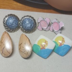 4 Pair Vintage Statement Earrings Pierced Enamel Plastic Metal